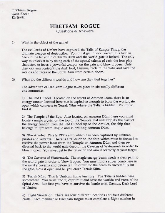 Fireteam Rogue FAQ sheet, dating to December 16, 1994 (page 1)