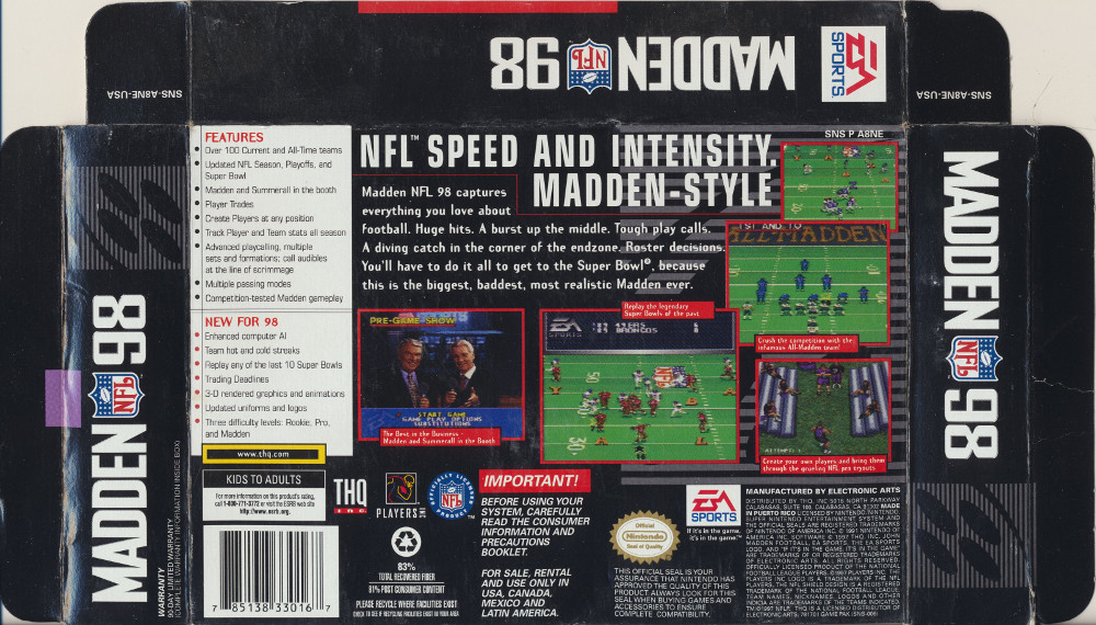 Madden NFL 98 - SNES Super Nintendo - Editorial use only Stock